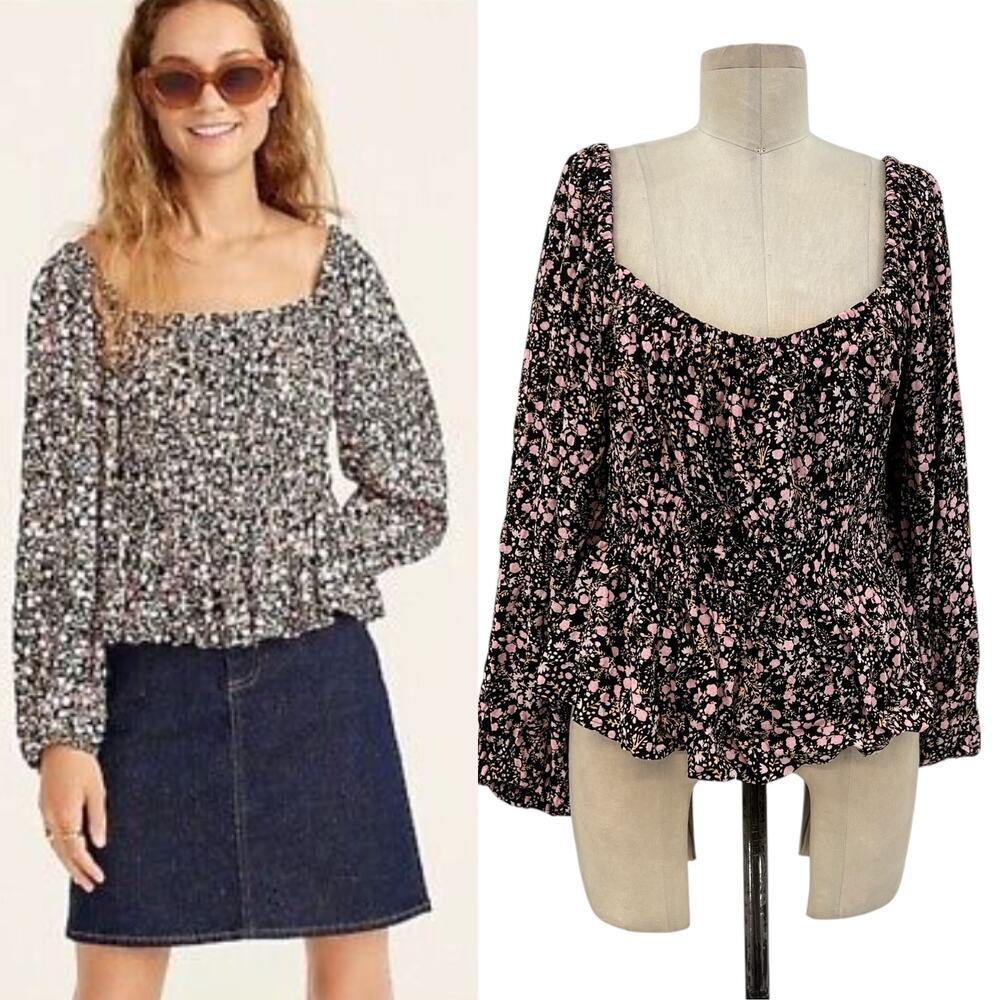 J. Crew Puff-Sleeve Drapey Crepe Top in Fall Garden Floral Black Pink Size XL